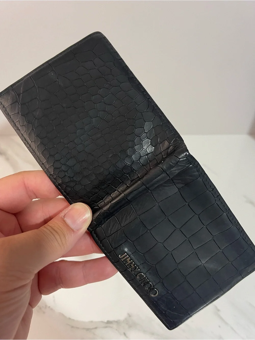 Jimmy Choo Black Croc-Embossed Leather Bi-Fold Wallet